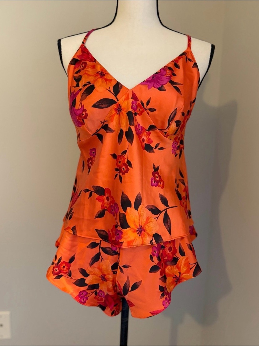 Victorias Secret Floral Satin Cami Top and Shorts in Orange Tropical Floral
